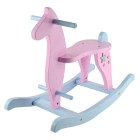 Cavallo a dondolo in legno per bambini con poggiapiedi e ampio sedile, rosa e blu